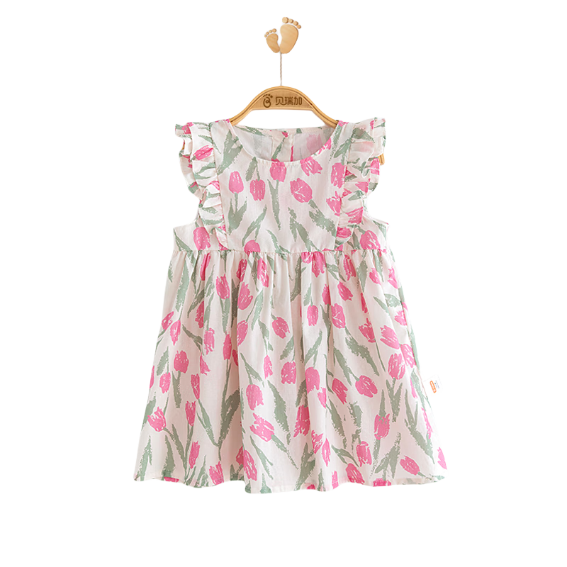 Babyprints Girls' Summer Dress, Pure Cotton Sleeveless Dress, Cute Princess Dress, Baby Girl's First Birthday Party Dress, Tulip Pattern, Size 90