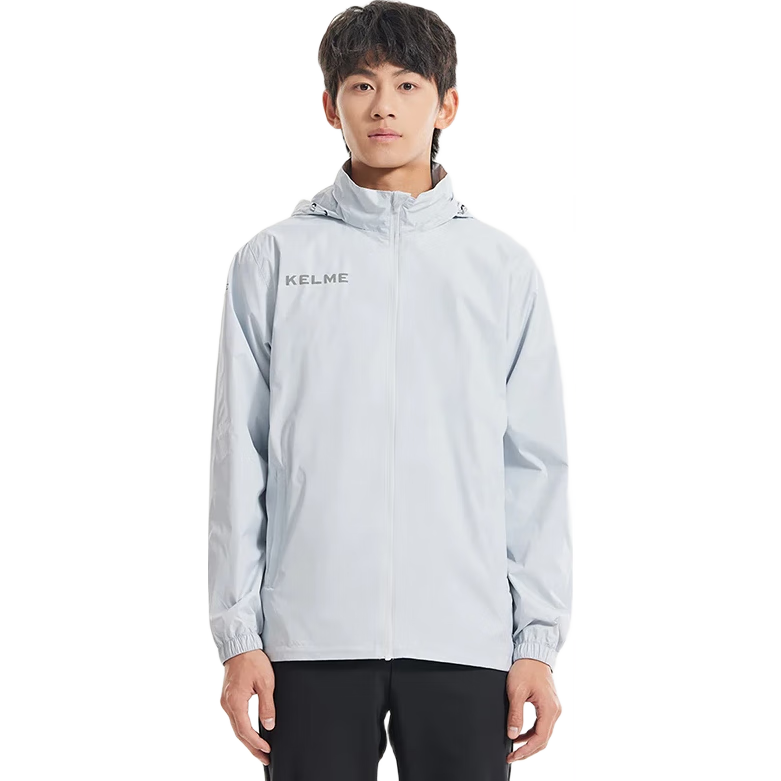KELME Sports Jacket for Men, Windproof And Water-Resistant Coat, Hooded Football Training Jacket for Men And Women, Light Gray, XL