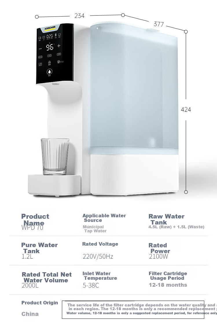 KARCHER German Water Purifier, Home All-In Drinking Water System, Countertop Instant Hot Water Dispenser, RO Reverse Osmosis, Zero Scale Inhibitor, Water Purification Machine, No Installation Required, WPD 70-P Wh 18