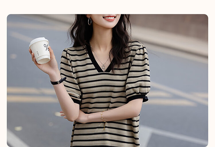Demana Women's Summer V-Neck Striped Puff Sleeve Ribbed Splice Loose Knit Dress with Soft Cloud Cotton 5