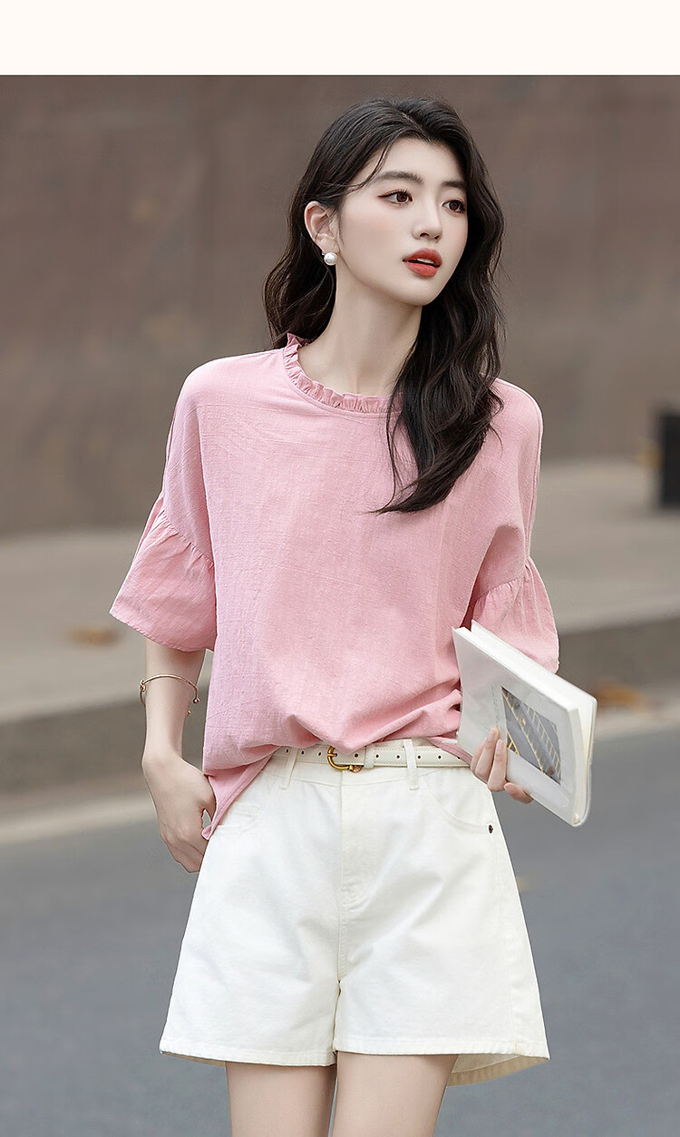 Demana [Skin-friendly Pure Cotton] Summer French Lace Round Neck Ruffle Sleeve Loose Fit Petite Shirt Women's Top 16
