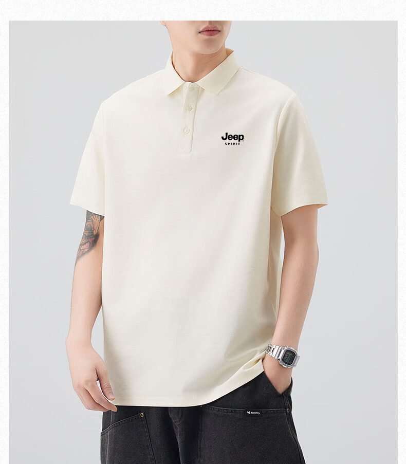 JEEP Men's Summer Lightweight Heavy Cotton Feel Breathable Polo Shirt Business Cool Collar Top Beige M 17