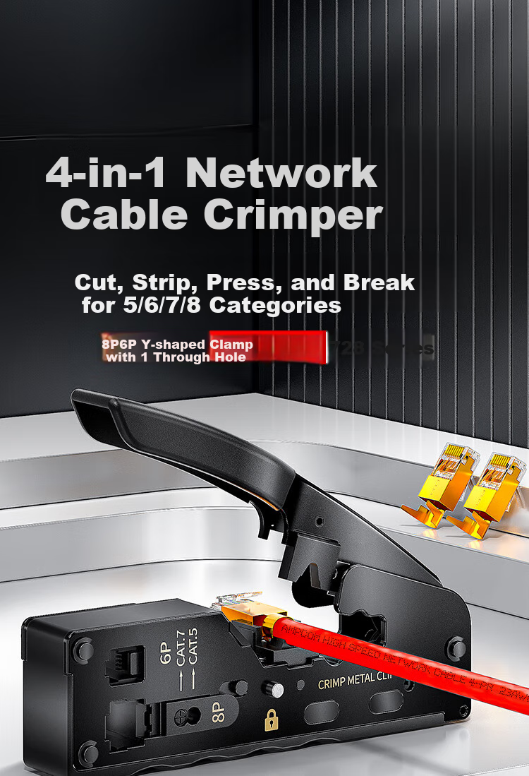 AMPCOM Flagship AMPCOM Category 7 Cable Crimper, Through-Penetrating Swallow-Tail Clip, Cat5e/6/7 Shielded RJ45 Connector Crimping Pliers, 4-In Wire Stripper/cutter/breaker AR728YE 1