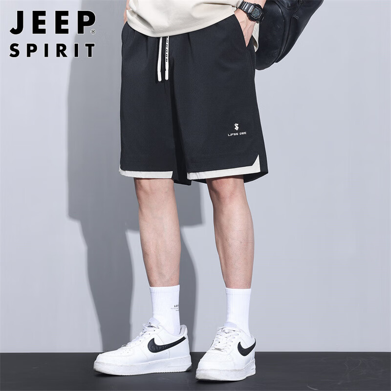 JEEP SPIRIT Men's Shorts, Summer Beach Cargo Ice Silk Quick-Dry Casual Sports Knee-Length Pants, Black, 2XL