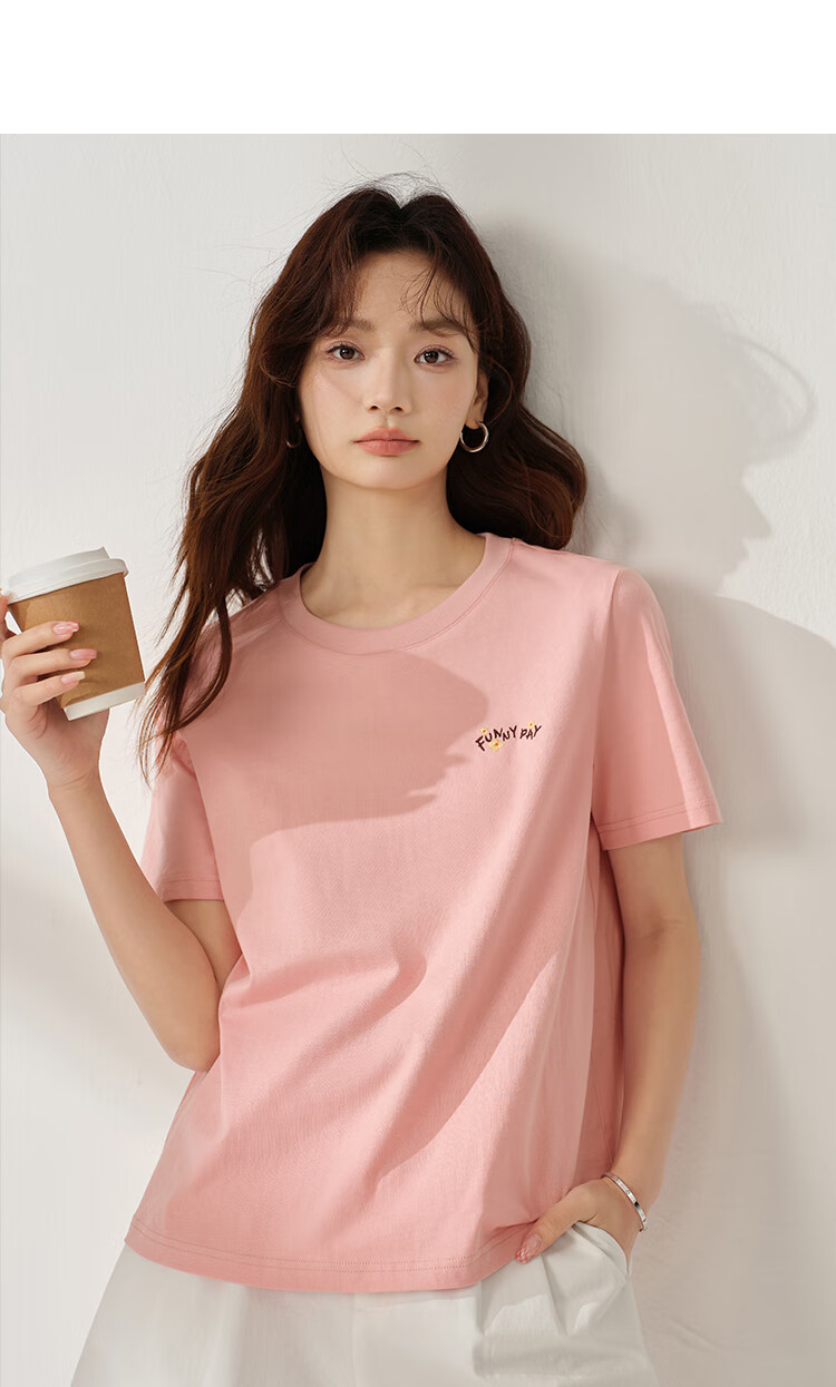 INMAN Women's 2025 Summer Embroidered Comfortable Simple Pullover Loose Fit Cotton Short Sleeve T-Shirt Sakura Pink S 39