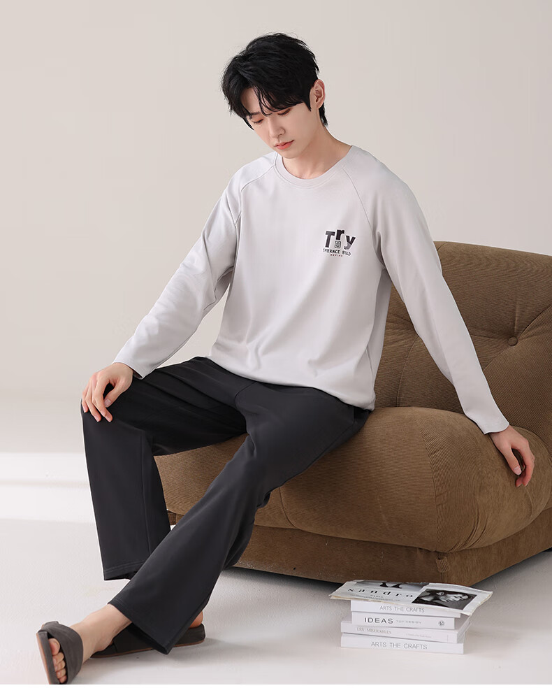 BOPRUIEY Men's Pajamas Spring And Summer 7A Antibacterial And Anti-Mite Cotton Long-Sleeve Long Pants Loose Simple Wearable Loungewear Set 12