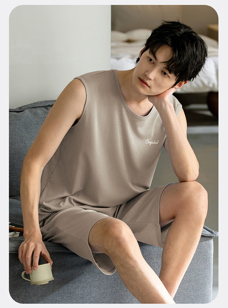 XUEXIMAN Men's Summer Pajamas, Ice Silk Cool-Feeling Sleeveless Tank Top Vest, Casual Loose Loungewear Set 8