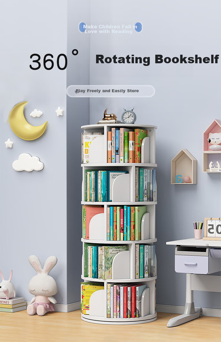 Anerya Rotating Floor Bookshelf, 360-Degree Bookcase, Picture Book Rack, Student Storage Shelf, Upgraded Version, 5-Tier, White 1