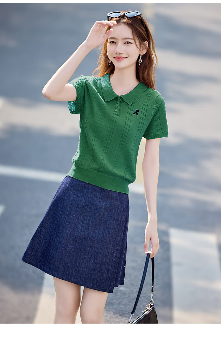 Shangjing Women's Short Sleeve Knit Top Summer New Sweet Polo Collar Slim T-Shirt 17