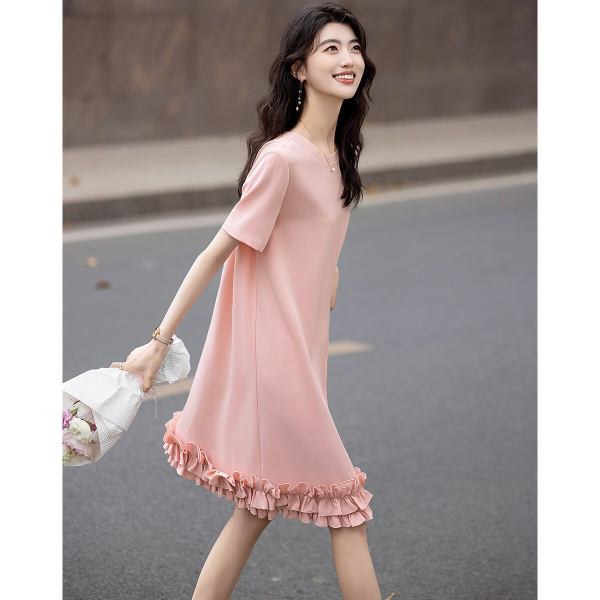 Dme [Tianren Gentle Styling] Summer Shiny 80D Linen Mushroom Edge A-Line Mid-Length Women's Dress