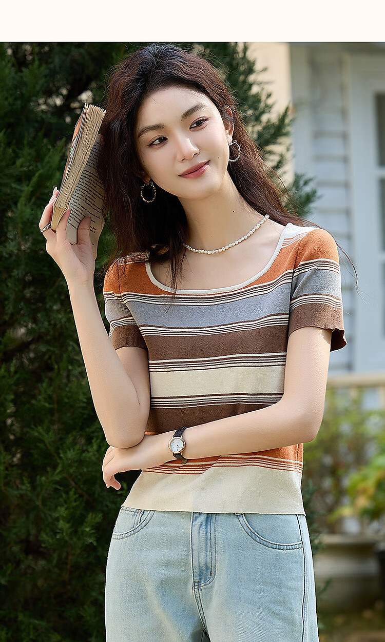 Dme [Meilad Color Series] Summer Vintage U-Neck Ice Silk Sweater, Contrasting Color Slightly Elastic, Inclusive Knit Top for Wome 13