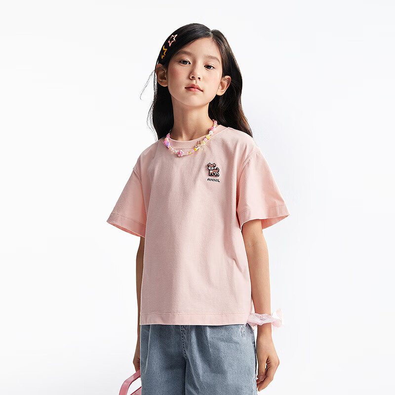 Annil Girls' Round Neck Short-Sleeve T-Shirt, 2025 Summer New Style, Pure Cotton, Casual, Moisture-Wicking, Breathable, Loose-Fitting, Fashionable