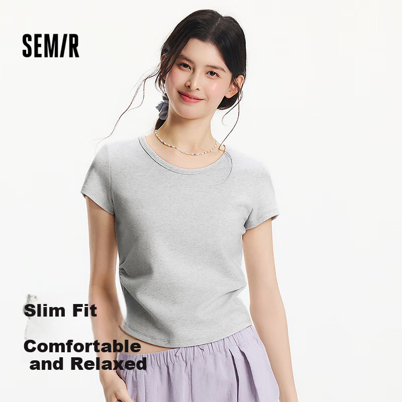Semir Short-Sleeve T-Shirt for Women, Cropped Slim-Fit Round Neck Undershirt, Summer Cool Waist-Cinching V-Neck Top, Hot Girl Style 109326100003