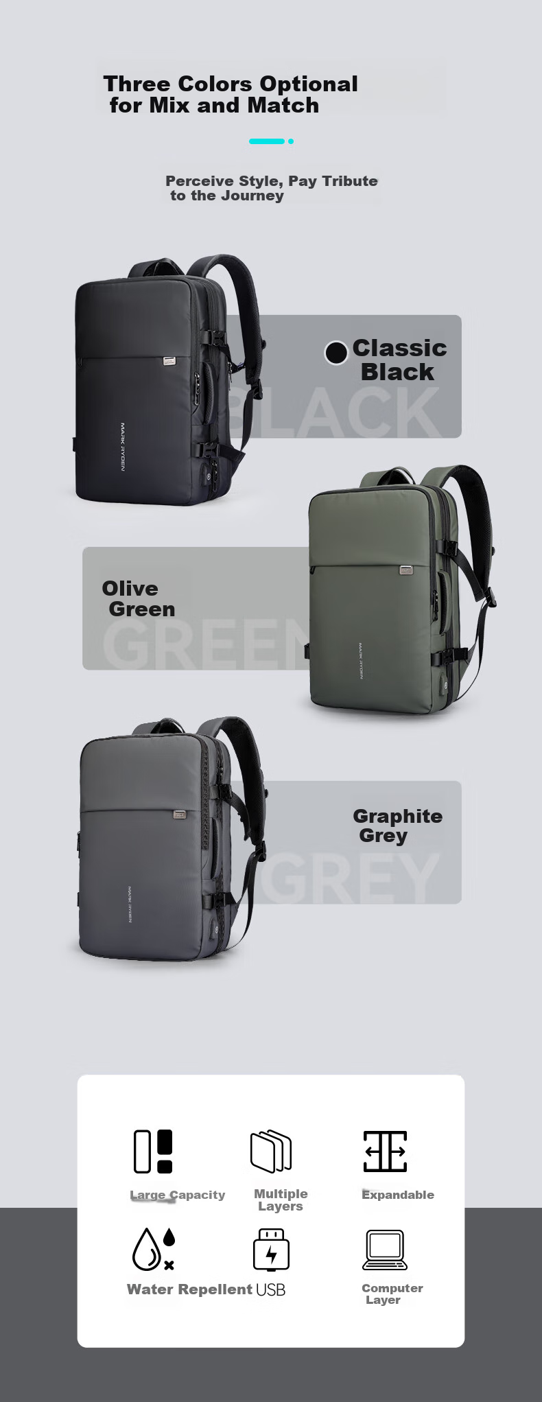 MARK RYDEN Men's Backpack with Expandable Capacity, Business Travel Laptop Bag And School Bag MR8057 Graphite Gray 2