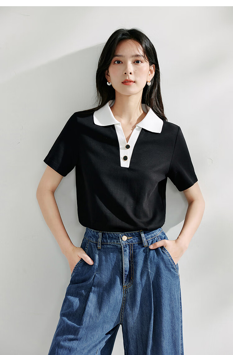 Inman Casual Striped Shoulder T-Shirt Summer Women's Design Polo Collar Slim Fit Short Sleeve Star Black XL 12