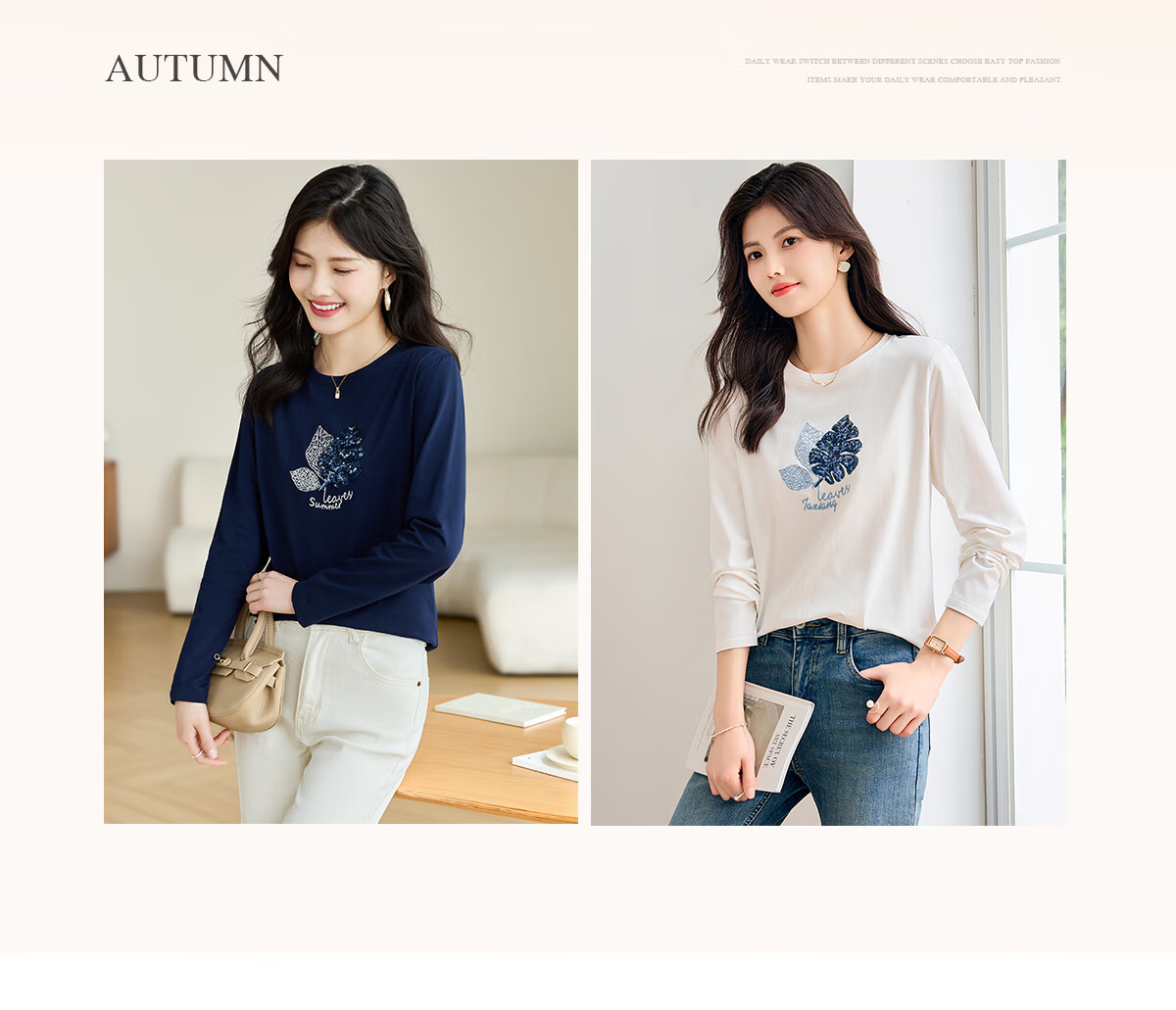Taxiang Long-Sleeve T-Shirt for Women, Round Neck with Sequin Embroidery, Spring And Autumn Casual Versatile Ladies' Base Shirt T141T2719 4