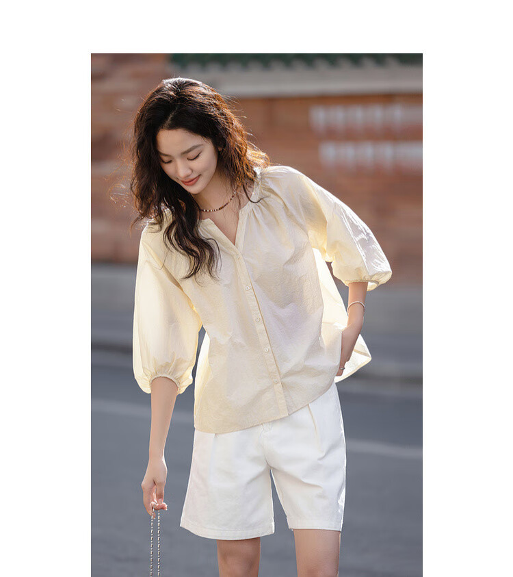 Dme [Bian Dao Qing Shi] Spring Literary Style Simple V-Neck Mid-Sleeve Shirt, Lightweight Breathable Blouse, Women's Top 4