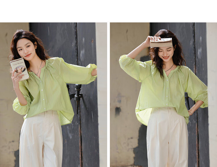 Dme [Bian Dao Qing Shi] Spring Literary Style Simple V-Neck Mid-Sleeve Shirt, Lightweight Breathable Blouse, Women's Top 7