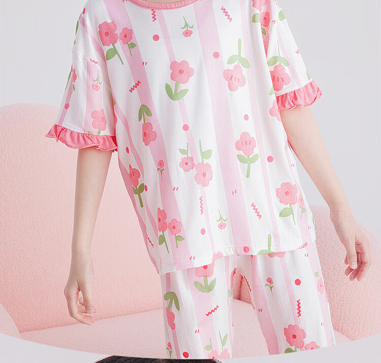 DEESHA [Ice Silk Smooth] Girls' Spring And Summer Pajamas, 7A Antibacterial Thin Short-Sleeve Top And Capri Pants, Air Conditioning Wear, Children's Loungewear 5