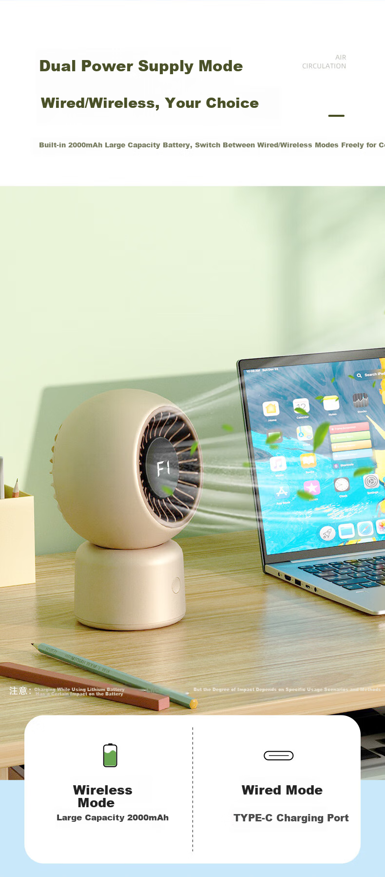 AUCMA Handheld Fan, Desktop Mini Fan, Rechargeable USB Fan, Portable for Students' Dormitory, Office, Bedside, Battery-Powered FSS-W115L 9