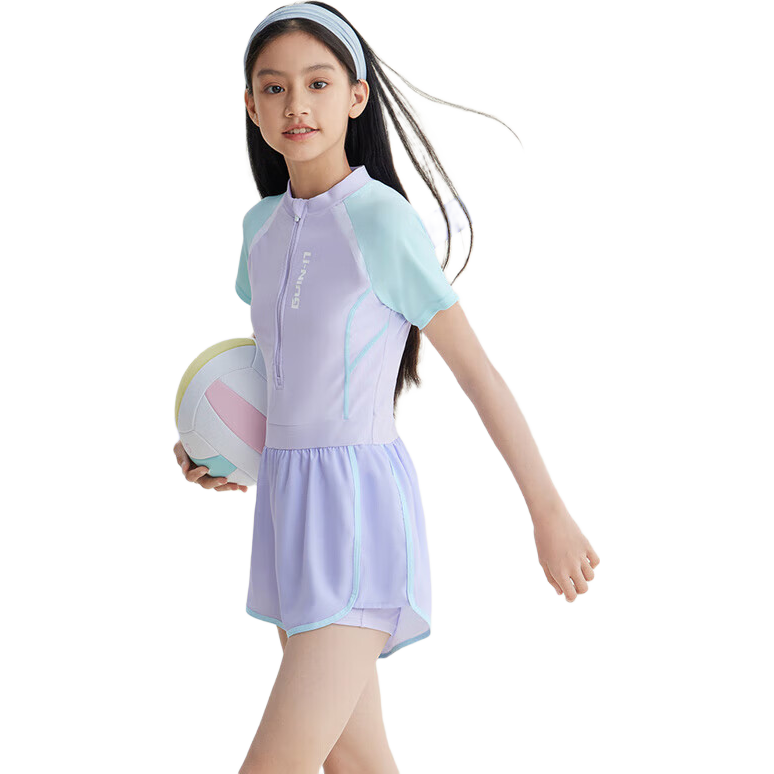 Li-Ning Children's Swimsuit, Girls' Color Block Short-Sleeve One-Piece Swimwear, Swimming Goggles, Swim Cap, Swim Bag Set, 052 Purple Blue, Size 160