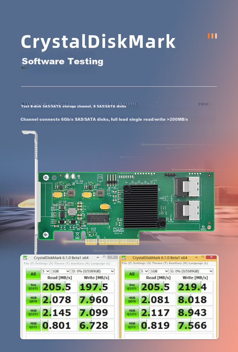 EB-LINK PCIE2.0 X8 to SATA Eight-Port SAS Expansion Card, 6GB, 8-Port RAID Disk Array Card, SSD Adapter Card, Supports RAID0/1 6