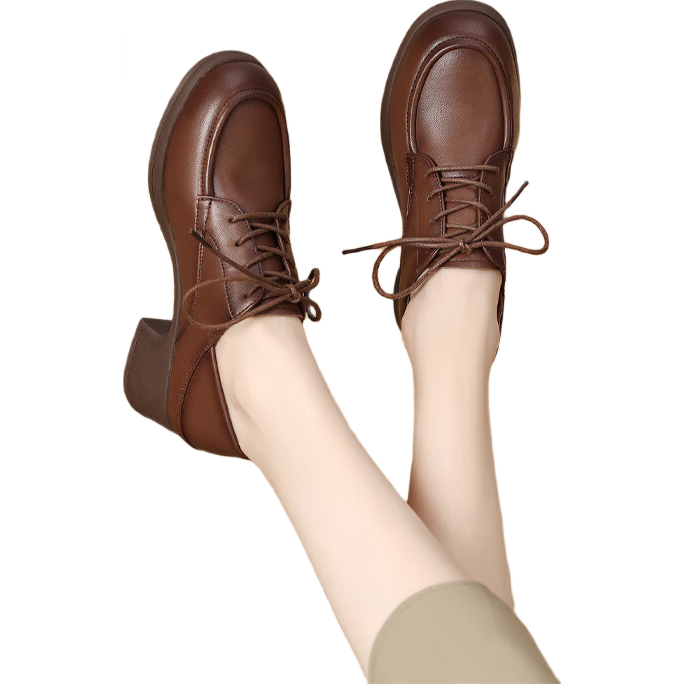 MULINSEN Women's Loafers, Versatile And Elegant Mom Shoes, Commuter Lace-Up Leather Shoes, Women's Flats, Brown, Size 37