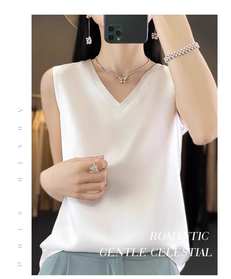 GUJIN Double V-Neck Premium Ice Silk Camisole Women's Innerwear Suit Base Layer Faux Silk Satin Tank Top Spring 11