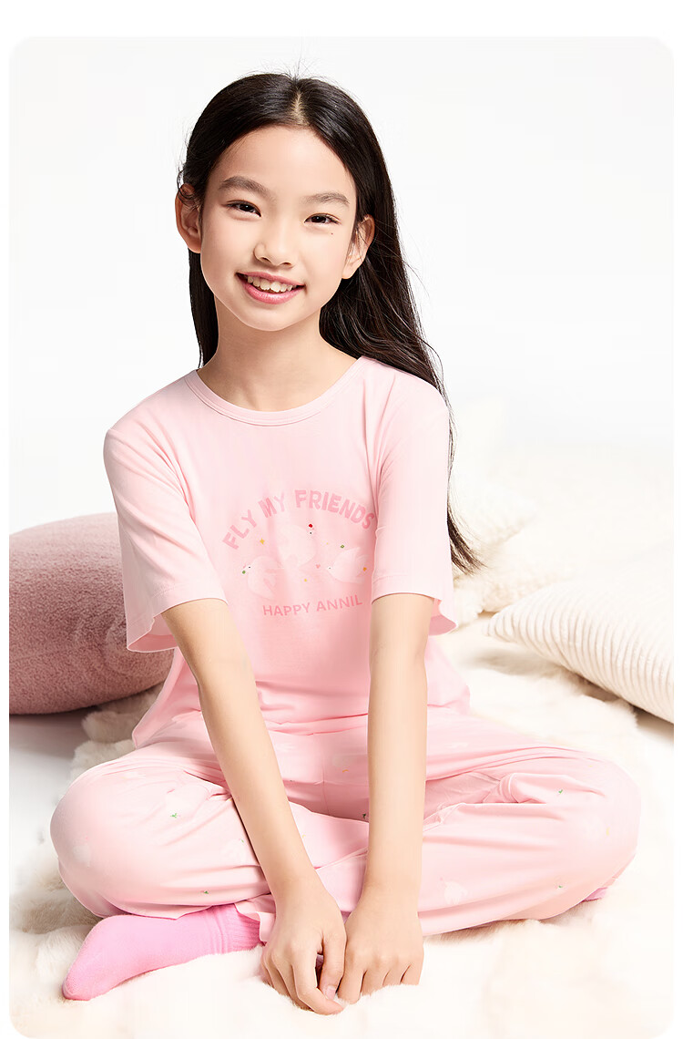 Annil Girls' Home Wear Set, 2025 Summer New Style, Breathable Modal, Pink Loose Pajamas And Pants 5