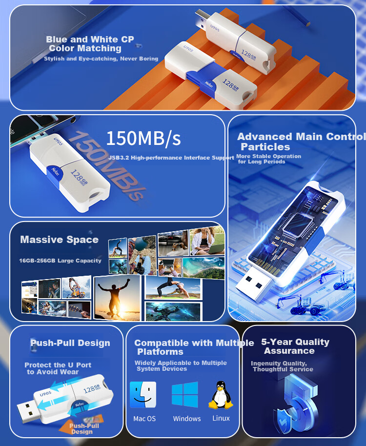 Netac 256GB USB3.2 Flash Drive U905, Slim Push-Pull High-Speed Flash Drive, Encrypted USB Drive 2