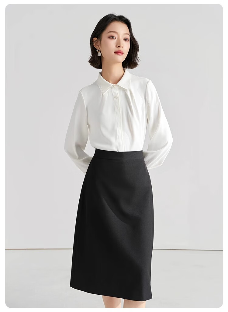 Bodexiaojie White Blouse for Women, Professional Commute Straight Shoulder Top, Petite Elegant Outfit, Formal Shirt 16