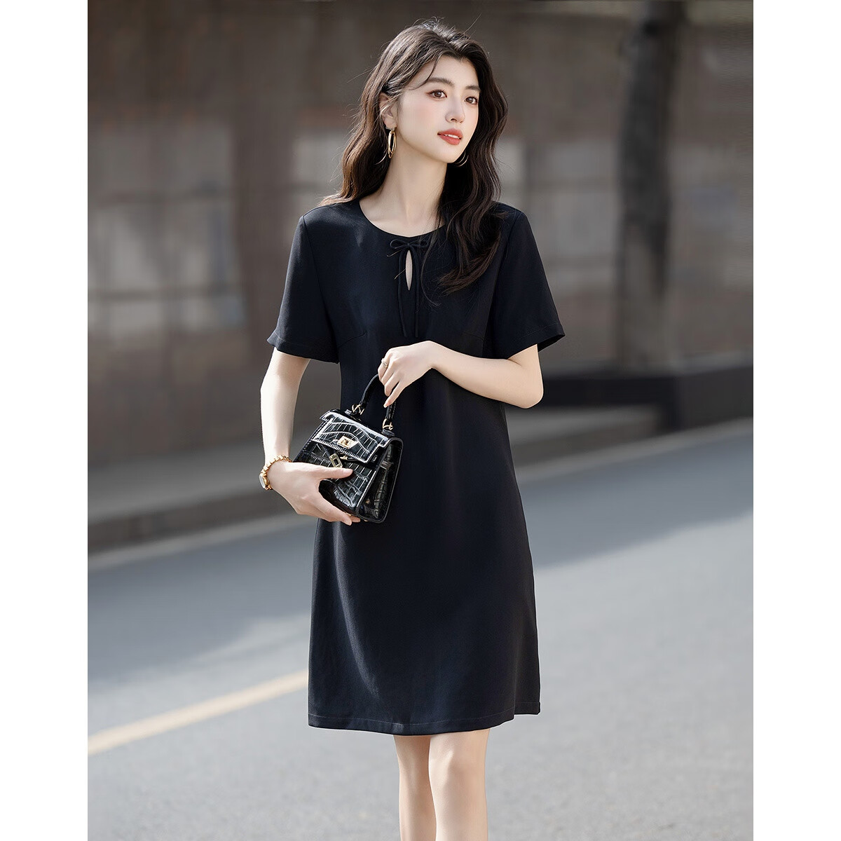 Dme [Luxurious Acidic] Summer Elegant Style Hollow-Out Bow Mini Black Dress Straight-Leg Slimming Women's Dress