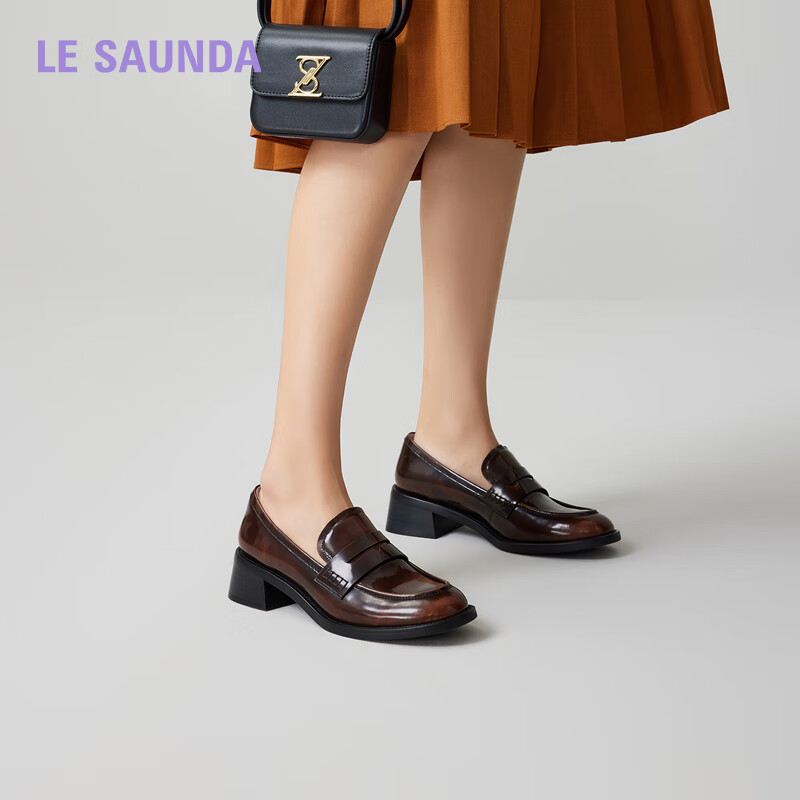 Le Saunda British Retro JK Solid Color Round Toe Mid-Heel Platform Loafers Women's Shoes 41901, Black BKB, Size 38