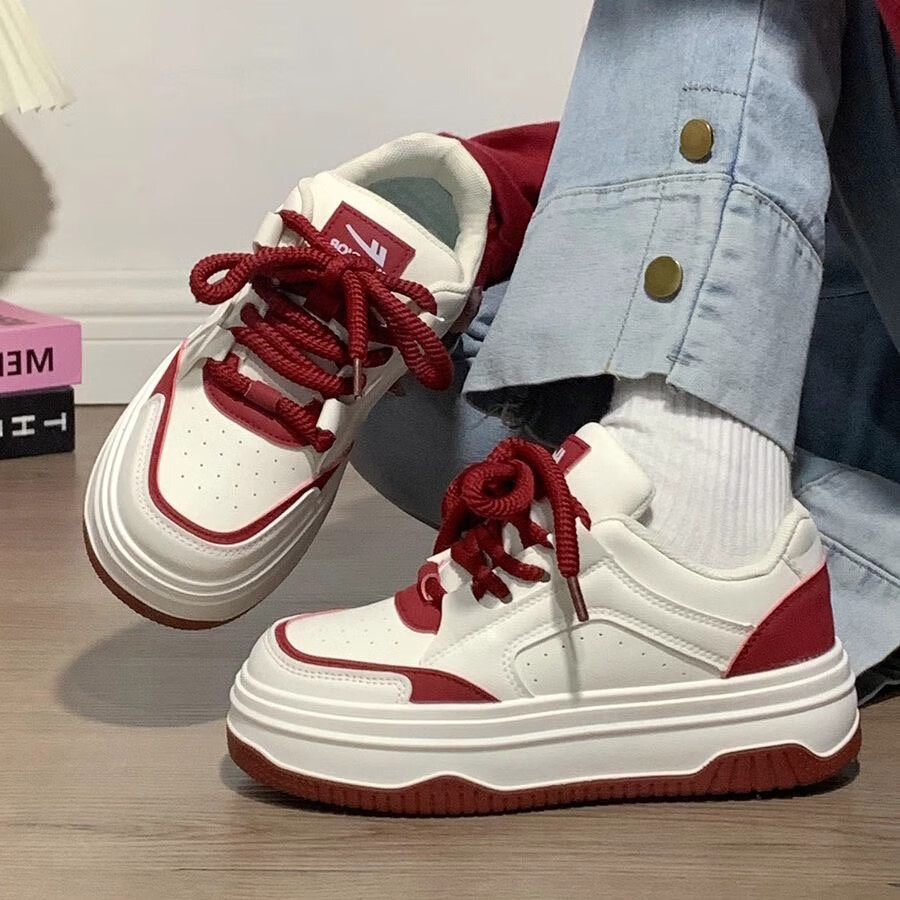 Huili Women's New Platform Sneakers, Thick-Soled Heightening Versatile Classic White Shoes for Women J573Z White/Wine Red 35