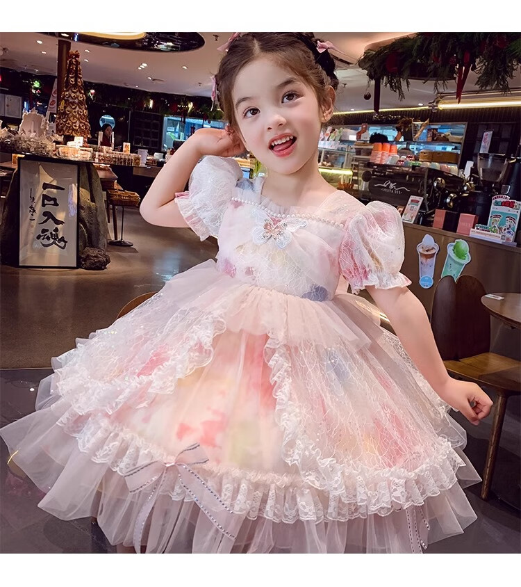 Anneyol Girls' Princess Dress Summer Outfit Stylish Children's Lolita Tulle Dress with Puff Sleeves, Pink, Size 160 14