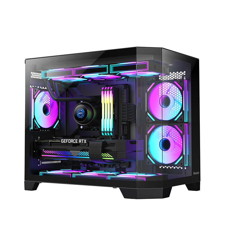 Huntkey S960 Storm X Ice Blade Edition Black Panoramic View Seaside Case (Three-Sided Tempered Glass Panel/Left And Right Zones/360mm Water Cooling/9 Fan Positions/MATX Motherboard)