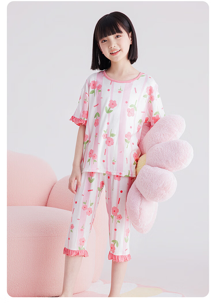 DEESHA [Ice Silk Smooth] Girls' Spring And Summer Pajamas, 7A Antibacterial Thin Short-Sleeve Top And Capri Pants, Air Conditioning Wear, Children's Loungewear 12