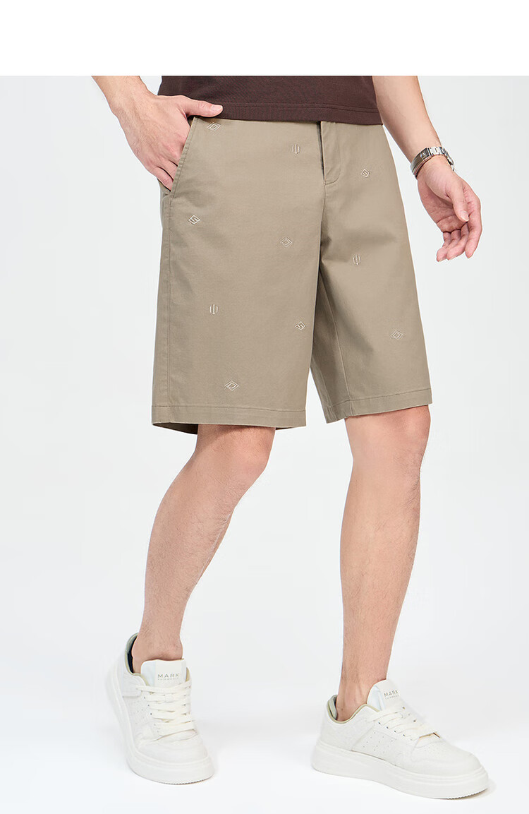 DANCING WOLVES [Dotted Embroidery] Summer Versatile Cotton-Spandex All-Over Printed Lining Men's Casual Shorts, 701 Khaki, Size 29 12