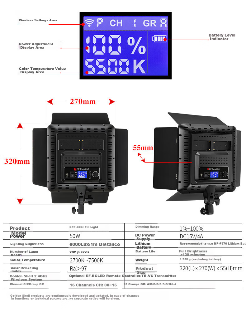 JINBEI EFP-50BI Flat LED Fill Light, Dual Color Temperature, Live Streaming Photography Video Lighting, Continuous Light for Outdoor Night Scene Portrait Product ID Photo Illumination, Video Shooting Hair Light, Lithium Battery Powered 5