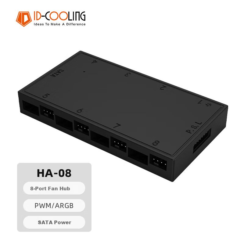 ID-COOLING (Kuren) ARGB Fan Hub, 8 Groups of Fans with Color-Changing Synchronization, PWM Speed Control, SATA Power Supply, ARGB Light Control Expansion Adapter HA-08