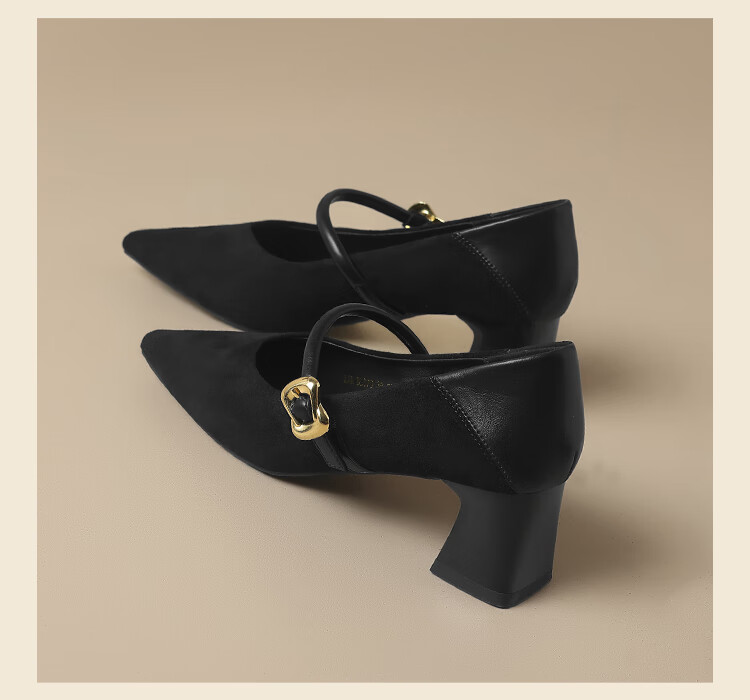 ZHR Zese Mary Jane Women's Pointed Toe Summer Single Shoes Shallow Mouth Chunky Heel One-strap Shoes BL379F Beige 37 14
