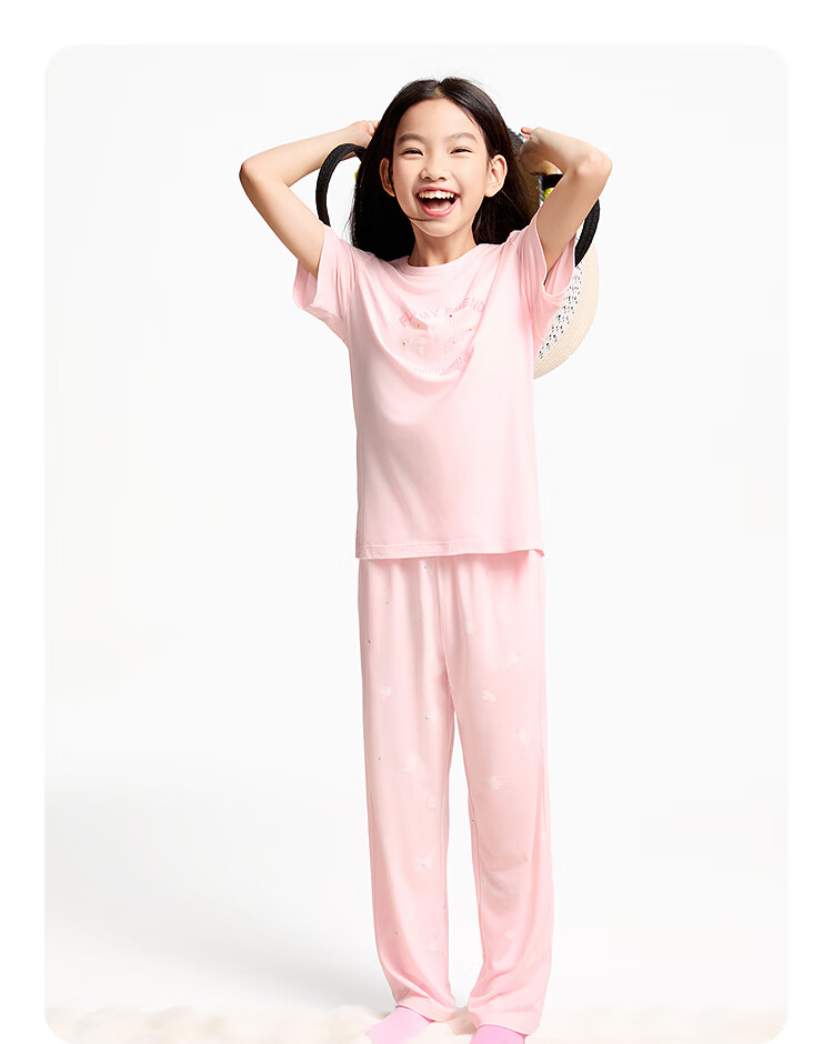Annil Girls' Home Wear Set, 2025 Summer New Style, Breathable Modal, Pink Loose Pajamas And Pants 6