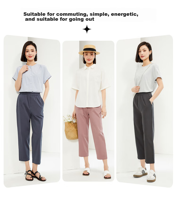 Giordano Women's Pants, New Summer 2026 Style, Pure Cotton Elastic Waist, Lightweight Casual Seven-Point Straight-Leg Trousers, 05425315 6