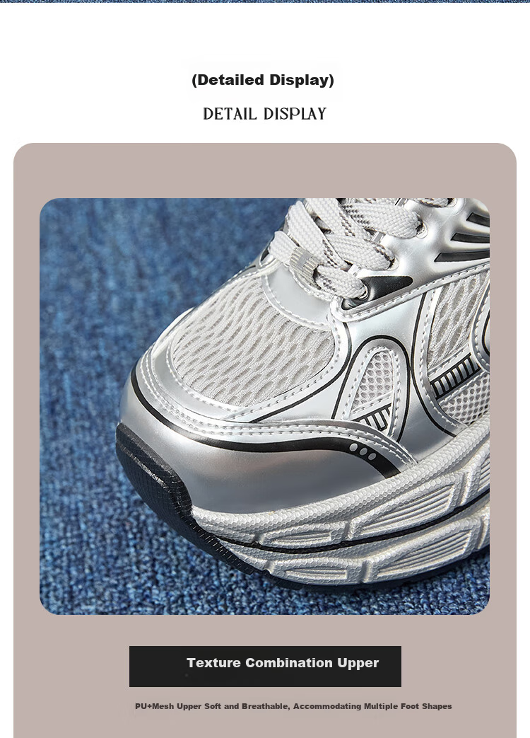 ZHR Silver Dad Shoes for Women, Trendy Sports Casual Couple Shoes, Thick-Soled Height-Increasing Women's Shoes, JT67 Silver, Size 39 3