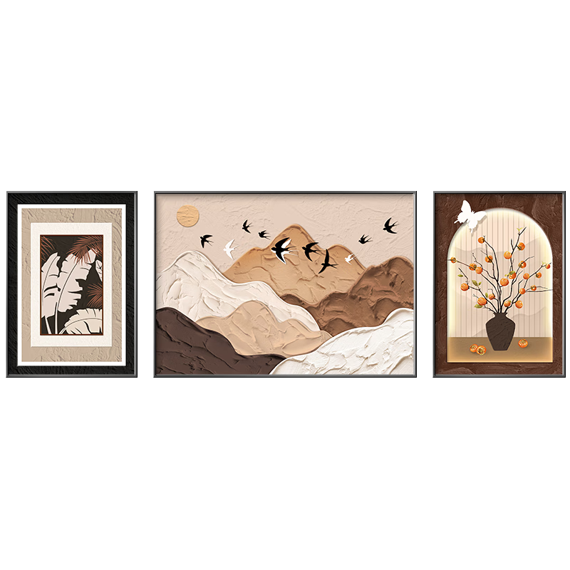 Jijianji Vintage Style Living Room Decorative Painting Sofa Background Wall Persimmon Auspicious Abstract Triptych Wall Art