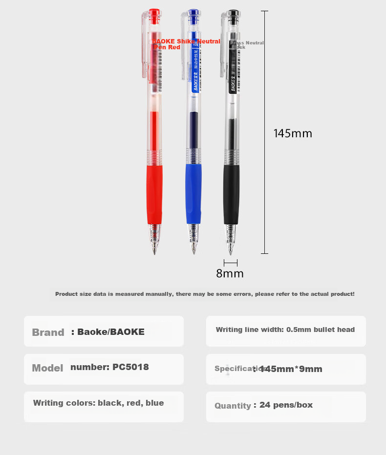 BAOKE PC5018 Retractable Gel Pen, Bullet Tip 0.5mm, Simple Student Pen, Black, 24 Pens/box 3