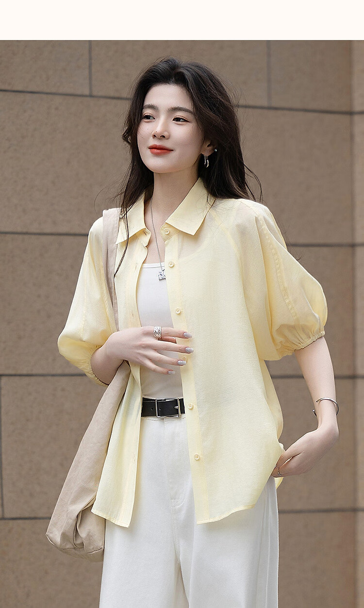 Demana [Su Jian Aesthetics] Summer Acetate Polyester Shirt with Panel Stitching and Elastic Lantern Sleeves Women's Top 16