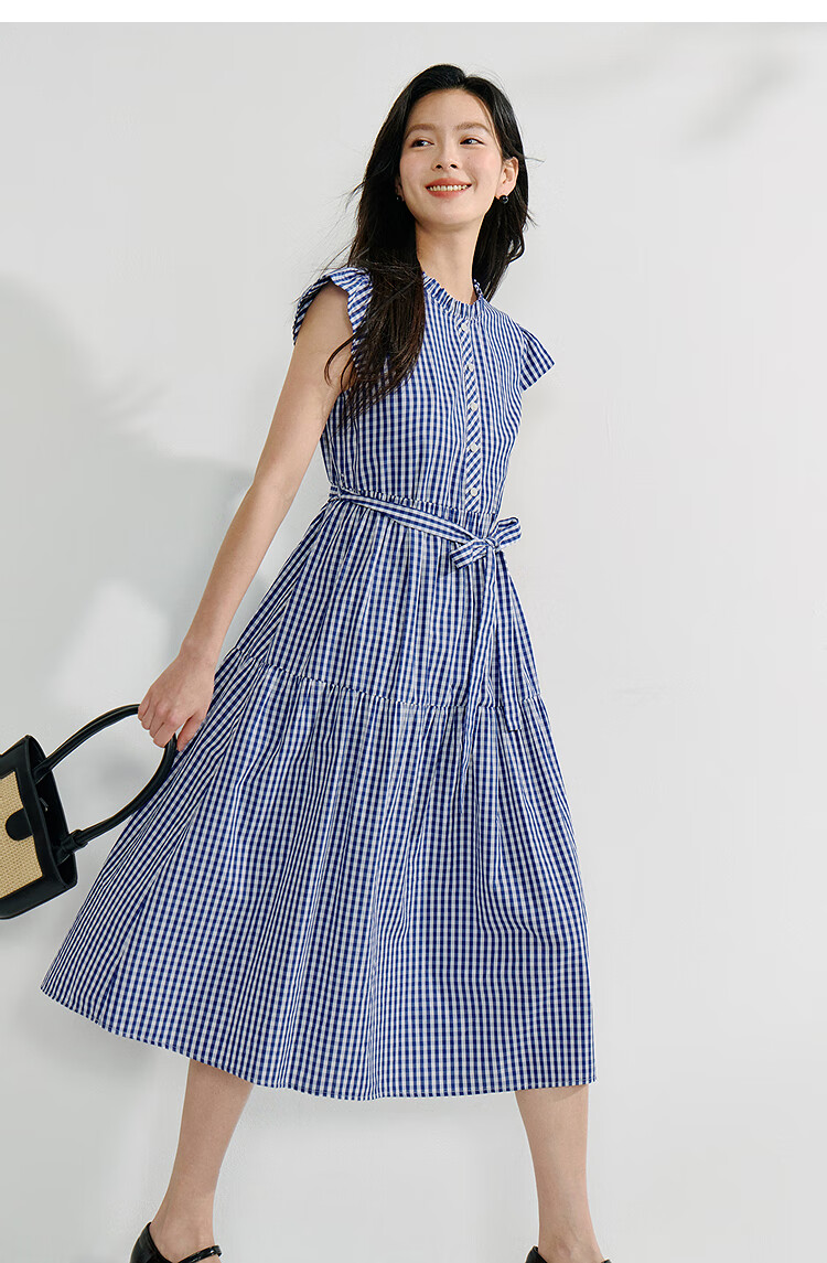 INMAN French Plaid Dress Summer Women's Versatile Puff Sleeve A-Line Skirt Navy Blue S 57