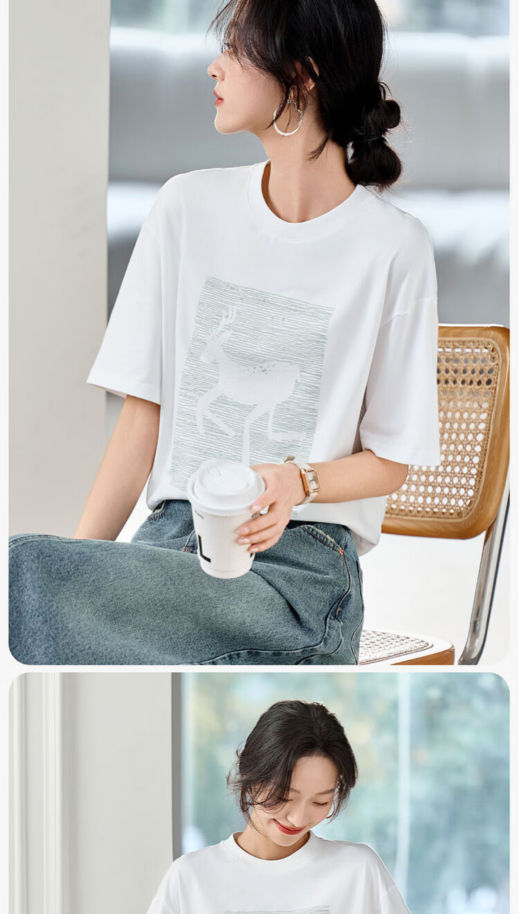 Shangdu Bila Cotton Casual Versatile Youthful T-Shirt Women Summer New High-End 3D Embossed Print Drop Shoulder Short Sleeve Top 13