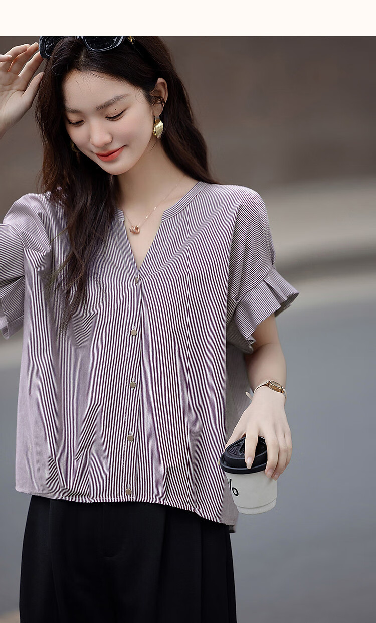 Demana 100% Cotton Summer Casual V-Neck Pleated Ruffle Sleeve Loose Fit Shirt for Women 14